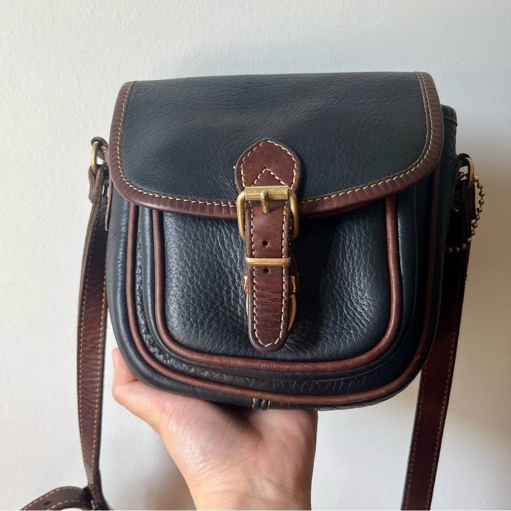 Vintage Roots Saddle Black Leather Crossbody with Brown Trim and Brass Buckle - Picture 1 of 11